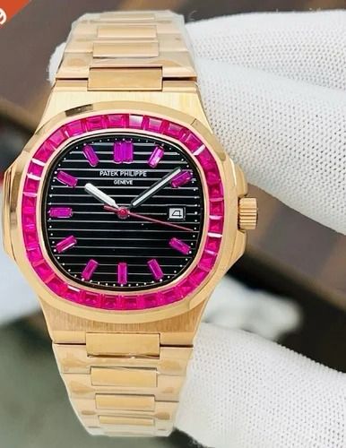 Square Patek Philipe Nautilus Rose Gold Pink Emerald Swiss Automatic Watch